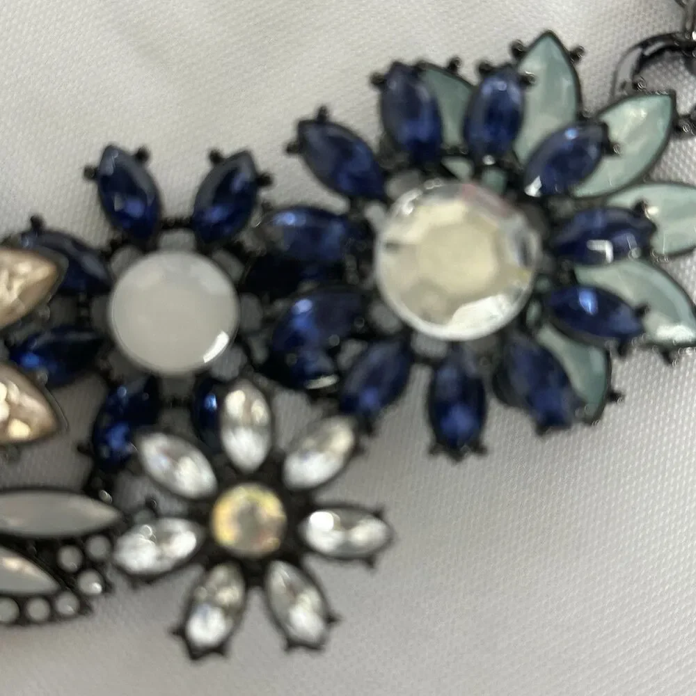 Joan Rivers Statement Necklace Rhinestone Blue Flowers Gunmetal Chain with Clasp